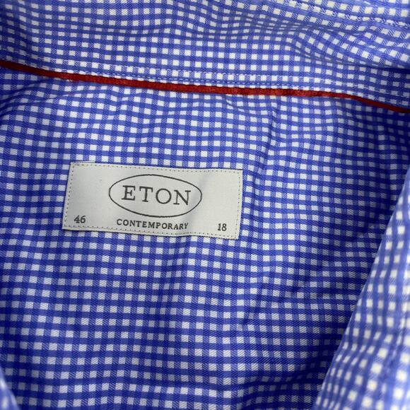Eton 18/46 Contemporary Large Blue White Check Long Sleeve Button Down Shirt - Picture 2 of 4